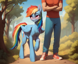 Size: 2968x2448 | Tagged: safe, imported from derpibooru, rainbow dash, human, pegasus, pony, ai content, ai generated, belly, blushing, clothes, duo, duo male and female, faceless human, faceless male, female, generator:pony diffusion v6 xl, generator:stable diffusion, human male, implied interspecies, male, offscreen character, offscreen male, pants, preggo dash, pregnant, prompter:nonezid, raised hoof, shirt, shoes, sneakers, tail, wings