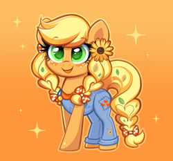 Size: 2164x2016 | Tagged: safe, artist:confetticakez, imported from derpibooru, applejack, earth pony, pony, alternate hairstyle, bow, braid, braided tail, clothes, cute, female, flower, flower in hair, freckles, gradient background, hair bow, high res, jackabetes, mare, open mouth, open smile, overalls, smiling, solo, sparkles, sunflower, tail, tail bow