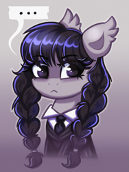 Size: 1025x1362 | Tagged: safe, artist:confetticakez, imported from derpibooru, earth pony, pony, ..., braid, braided ponytail, bust, clothes, eyebrows, eyebrows visible through hair, female, gradient background, mare, necktie, not octavia, ponified, ponytail, solo, speech bubble, suit, uniform, wednesday addams