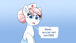 Size: 7680x4320 | Tagged: safe, artist:confetticakez, imported from derpibooru, nurse redheart, earth pony, pony, absurd resolution, dialogue, eyebrows, eyebrows visible through hair, female, gradient background, looking at you, mare, nurse, open mouth, raised hoof, sitting, solo, speech bubble, talking to viewer