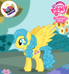 Size: 380x405 | Tagged: safe, artist:lordprevious, artist:user15432, imported from derpibooru, screencap, oc, oc only, oc:candy love, pegasus, pony, blue mane, blue tail, female, flower, game screencap, generation leap, mare, mcdonald's, mcdonald's happy studios, my little pony logo, my little pony: friendship is magic logo, pegasus maker, smiling, solo, spread wings, tail, wings, yellow coat