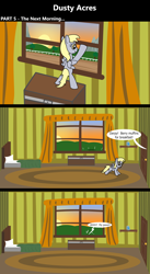 Size: 1920x3516 | Tagged: safe, artist:platinumdrop, imported from derpibooru, derpy hooves, comic:dusty acres, series:technoverse, 3 panel comic, comic, commission, female, filly, foal, offscreen character, speech bubble, sunrise, younger