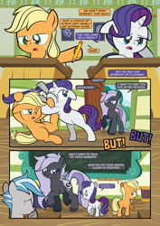 Size: 1920x2715 | Tagged: safe, artist:alexdti, imported from derpibooru, applejack, rarity, oc, earth pony, pony, unicorn, comic:how we met, belly, bipedal, colt, comic, female, filly, filly applejack, filly rarity, foal, horn, male, pencil, teacher, younger