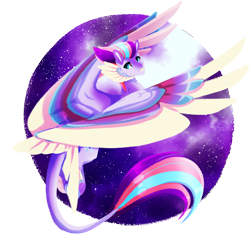 Size: 2000x2000 | Tagged: safe, artist:oneiria-fylakas, imported from derpibooru, zipp storm, pegasus, pony, alternate design, alternate hairstyle, alternate mane color, alternate tail color, alternate tailstyle, alternate universe, blaze (coat marking), blue eyes, circle background, coat markings, colored ears, colored hooves, colored pinnae, colored wings, facial markings, flying, g5, head feathers, high res, hooves, hybrid tail, large wings, leonine tail, long tail, looking back, multicolored wings, purple hooves, redesign, shiny mane, shiny tail, slicked back, smiling, solo, speedpaint available, spread wings, stars, tail, tail wings, white coat, wings