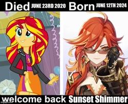 Size: 617x500 | Tagged: safe, edit, edited screencap, imported from derpibooru, screencap, sunset shimmer, human, equestria girls, breasts, cleavage, clothes, cute, genshin impact, gloves, mavuika (genshin impact), rebirth, shimmerbetes, sunglasses