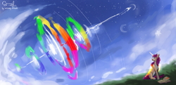 Size: 3911x1895 | Tagged: safe, alternate version, artist:sorninay, imported from derpibooru, rainbow dash, sunny starscout, alicorn, pegasus, pony, duo, duo female, female, g5, race swap, signature, sonic rainboom, sunnycorn