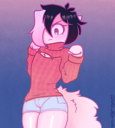 Size: 1980x2200 | Tagged: safe, artist:deoloter, imported from derpibooru, oc, oc only, oc:tao, earth pony, pony, semi-anthro, abstract background, chest fluff, femboy, fluffy tail, gradient background, male, solo, tail