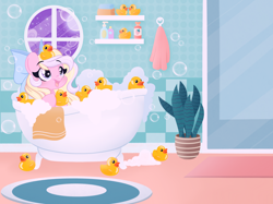 Size: 2622x1959 | Tagged: safe, alternate version, artist:emberslament, derpibooru exclusive, imported from derpibooru, oc, oc only, oc:bay breeze, bath, bathroom, bathtub, blushing, bow, bubble, claw foot bathtub, cute, hair bow, happy, heart, heart eyes, looking up, open mouth, rubber duck, solo, wingding eyes