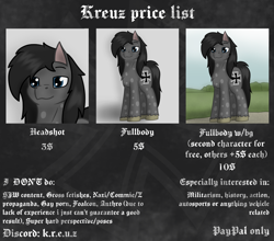 Size: 2560x2250 | Tagged: safe, artist:kreuz, imported from derpibooru, oc, oc only, oc:manfred, earth pony, pony, advertisement, chest fluff, commission open, earth pony oc, gothic, iron cross, male, price list, price sheet, price tag, prices, smiling, solo, stallion, standing