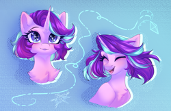 Size: 2697x1744 | Tagged: safe, artist:jsunlight, imported from derpibooru, starlight glimmer, pony, unicorn, alternate hairstyle, bust, chest fluff, cute, glimmerbetes, horn, portrait, smiling, solo, starry eyes, wingding eyes