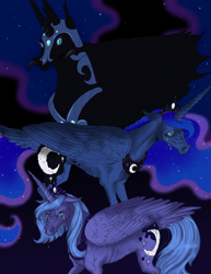 Size: 2732x3538 | Tagged: safe, artist:moondeer1616, imported from derpibooru, nightmare moon, princess luna, alicorn, angry, black background, concave belly, crying, dark background, emaciated, ethereal mane, female, floppy ears, glowing, glowing eyes, hoers, jewelry, mare, realistic, realistic anatomy, regalia, ribs, s1 luna, sad, simple background, skinny, thin, trio, trio female