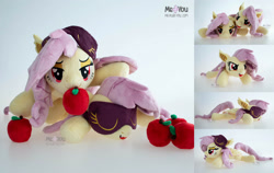 Size: 2600x1642 | Tagged: safe, artist:meplushyou, imported from derpibooru, fluttershy, bat pony, pony, apple, bat ponified, flutterbat, food, irl, photo, plushie, race swap, solo