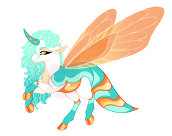 Size: 4300x3400 | Tagged: safe, artist:gigason, imported from derpibooru, oc, oc only, oc:honey daze, changepony, hybrid, blue mane, carapace, cloven hooves, coat markings, colored belly, colored eyebrows, colored hooves, colored horn, colored pinnae, colored wings, commission, curved horn, dragonfly wings, ear fluff, eye markings, fangs, gold hooves, gradient mane, high res, hooves, horn, insect wings, interspecies offspring, lidded eyes, long eyelashes, long mane, long mane male, long tail, looking back, male, multicolored tail, offspring, orange wings, parent:oc:karner, parent:princess celestia, parents:canon x oc, profile, raised hooves, raised leg, rearing, shiny hooves, simple background, socks (coat markings), solo, sparkly mane, spread wings, stinger, striped horn, tail, thin legs, transparent background, transparent wings, two toned ears, watermark, white body, wings