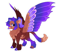 Size: 4400x3700 | Tagged: safe, artist:gigason, imported from derpibooru, oc, oc only, oc:aquila, hippogriff, blaze (coat marking), blue eyes, blue pupils, brown coat, cat tail, chest fluff, chubby, cloven hooves, coat markings, colored belly, colored chest fluff, colored claws, colored eyebrows, colored hooves, colored paw pads, colored pinnae, colored pupils, colored wings, colored wingtips, commission, ethereal mane, eye clipping through hair, facial markings, fetlock tuft, gradient legs, gradient mane, gradient tail, hair over one eye, high res, hooves, hybrid wings, interspecies offspring, looking back, multicolored tail, multicolored wings, multicolored wingtips, nonbinary, nonbinary oc, offspring, pale belly, parent:twilight sparkle, parents:canon x oc, paw pads, paws, ponytail, purple hooves, purple wingtips, shiny hooves, short mane, simple background, smiling, socks (coat markings), solo, sparkly legs, sparkly mane, sparkly tail, spread wings, standing, starry mane, straight mane, tail, tied mane, transparent background, watermark, wings