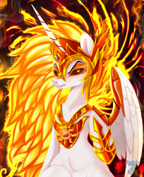 Size: 1595x1955 | Tagged: safe, artist:darksly, imported from derpibooru, daybreaker, alicorn, pony, antagonist, armor, belly, belly fluff, bust, chest fluff, colored pupils, commission, crown, digital art, ethereal mane, eyelashes, eyeshadow, fangs, feather, female, flowing mane, gem, helmet, hoof shoes, horn, humanoid torso, jewelry, logo, long horn, looking at you, makeup, mane of fire, mare, night, peytral, portrait, princess shoes, raised hoof, regalia, signature, solo, spread wings, stars, teeth, villainess, wide hips, wing armor, wings, yellow eyes