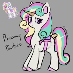 Size: 4096x4096 | Tagged: safe, artist:metaruscarlet, imported from derpibooru, oc, oc only, oc:dreamy parfait, pony, unicorn, pony town, bag, bow, coat markings, colored hooves, colored horn, colored pinnae, english, eyelashes, facial markings, gray background, hooves, horn, lidded eyes, looking at you, looking back, pink hooves, purple eyes, reference used, ribbon, saddle, shiny hooves, signature, simple background, smiling, snip (coat marking), standing, tack, tail, tail bow, text, three toned mane, three toned tail, unicorn horn, unicorn oc, wavy mane, white coat, yellow bow