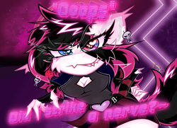 Size: 2350x1700 | Tagged: safe, artist:spirit-fireheart, imported from derpibooru, oc, oc only, oc:lunylin, background, belt, cheek fluff, clothes, ear fluff, ear piercing, earring, fangs, female, hazbin hotel, heart, jewelry, looking at you, neon, piercing, skirt, solo, text, title, velvette