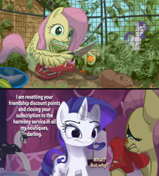 Size: 2670x2952 | Tagged: safe, artist:ciborgen, imported from derpibooru, fluttershy, rarity, beaver, pegasus, pony, unicorn, 2 panel comic, carousel boutique, carrot, clothes, comic, crocs, crying, dialogue, duo, duo female, female, food, high res, horn, knife, lightning mcqueen, mare, shoes, wing hands, wing hold, wings