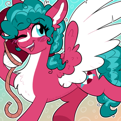 Size: 2000x2000 | Tagged: safe, artist:pink-pone, imported from derpibooru, oc, oc only, oc:saving shores, pegasus, pony, artfight, blaze (coat marking), blue eyes, blush scribble, blushing, buoy, chest fluff, coat markings, colored chest fluff, colored eartips, colored hooves, colored pinnae, colored wings, colored wingtips, curly mane, curly tail, ear fluff, ear markings, eye clipping through hair, eyebrows, eyebrows visible through hair, eyelashes, facial markings, female, gift art, gradient background, hoof hold, hooves, life preserver, looking back, mare, mare oc, one eye closed, open mouth, open smile, pegasus oc, ponytail, raised hoof, red coat, red hooves, rope, smiling, solo, spread wings, tail, teal mane, teal tail, teeth, tied mane, two toned mane, two toned tail, two toned wings, watermark, white wingtips, wing fluff, wings, wink