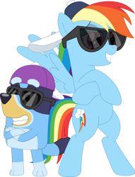 Size: 827x1082 | Tagged: safe, artist:porygon2z, imported from derpibooru, rainbow dash, dog, pegasus, pony, australian cattle dog, baseball cap, bipedal, bluey, bluey heeler, cap, cute, dashabetes, duo, duo female, female, hat, mare, simple background, sunglasses, transparent background