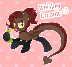 Size: 1432x1341 | Tagged: safe, artist:lullapiies, imported from derpibooru, oc, oc only, oc:whiskey dreams, dracony, dragon, hybrid, pony, alcohol, bottle, brown coat, cheek fluff, chest fluff, choker, clothes, colored horns, colored wings, drink, ear fluff, ear piercing, earring, eyebrow piercing, fangs, folded wings, freckles, head fluff, heart, heart background, heart eyes, hoof hold, horns, jewelry, latex, latex socks, long tail, looking at you, narrowed eyes, nose piercing, nose ring, open mouth, open smile, outline, piercing, ponytail, raised hoof, raised hooves, red mane, red tail, septum piercing, shiny mane, signature, slit pupils, smiling, smiling at you, socks, solo, standing on two hooves, tail, tail fluff, tail piercing, tied mane, two toned background, two toned tail, two toned wings, wingding eyes, wings, yellow eyes