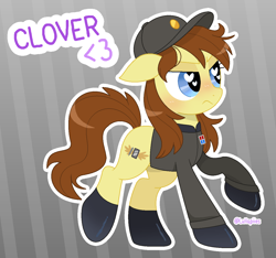 Size: 1230x1149 | Tagged: safe, artist:lullapiies, imported from derpibooru, oc, oc only, oc:clover springs, earth pony, pony, blue eyes, blush lines, blushing, brown mane, brown tail, cap, clothes, colored eyebrows, cream coat, female, frown, gift art, glowing blush, hat, heart, heart eyes, jacket, long mane, long tail, mare, narrowed eyes, outline, pin, purple text, raised hoof, raised leg, shiny mane, shiny tail, signature, solo, standing on two hooves, striped background, tail, text, wingding eyes