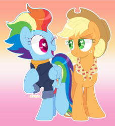 Size: 1356x1484 | Tagged: safe, artist:lullapiies, imported from derpibooru, applejack, rainbow dash, earth pony, pegasus, pony, appledash, applejack's hat, clothes, collared shirt, colored eyelashes, colored pupils, cowboy hat, duo, duo female, female, flag background, gradient background, granny smith's shawl, green eyelashes, green pupils, hat, heart, heart eyes, lesbian, lesbian pride flag, looking at each other, looking at someone, magenta eyelashes, magenta pupils, mare, narrowed eyes, older, older appledash, older applejack, older rainbow dash, one eye closed, outline, pride, pride flag, raised hoof, raised leg, rolled up sleeves, scarf, shiny mane, shiny tail, shipping, shirt, signature, smiling, smiling at each other, standing on two hooves, sweater, turtleneck, wingding eyes, wink