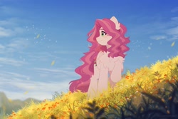 Size: 3000x2000 | Tagged: safe, artist:floweryoutoday, imported from derpibooru, oc, oc only, oc:lullapie, pegasus, pony, chest fluff, colored eyebrows, commission, day, detailed, detailed background, ear fluff, female, flower, folded wings, grass, green eyes, high res, hill, hock fluff, leg fluff, long mane, long tail, mare, mare oc, mountain, mountain range, nature, not pinkie pie, outdoors, pegasus oc, pink coat, pink mane, pink tail, profile, raised hoof, scenery, scenery porn, smiling, solo, tail, two toned mane, two toned tail, watermark, wavy mane, wavy tail, wings, ych result