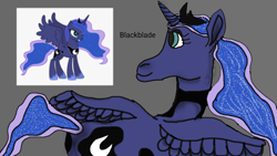 Size: 1280x720 | Tagged: safe, artist:blackblade360, imported from derpibooru, princess luna, alicorn, pony, armor, blue eyes, crown, flowing mane, flowing tail, flying, gray background, horn, ibispaint x, jewelry, reference, regalia, shading, simple background, smiling, solo, spread wings, tail, wings