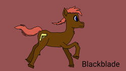 Size: 1280x720 | Tagged: safe, artist:blackblade360, imported from derpibooru, oc, oc only, oc:stone wave, earth pony, pony, brown coat, digital art, earth pony oc, flowing mane, flowing tail, ibispaint x, male, red background, red mane, running, signature, simple background, solo, stallion, stallion oc, tail