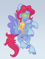 Size: 2000x2600 | Tagged: safe, artist:bishopony, imported from derpibooru, thistle whistle, pegasus, pony, alternate design, blue background, blue hooves, blue wingtips, blush scribble, blushing, coat markings, colored eyelashes, colored hooves, colored wings, colored wingtips, facial markings, female, fetlock tuft, flying, g3, gradient background, gradient legs, green eyelashes, green eyes, heart, heart mark, high res, hooves, looking back, mare, music notes, no pupils, open mouth, purple text, raised hoof, requested art, shiny hooves, shiny mane, shiny tail, signature, simple background, slender, snip (coat marking), solo, spread wings, text, thin, thin legs, two toned mane, two toned wings, whistling, wings