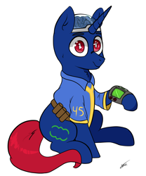 Size: 1500x1800 | Tagged: safe, artist:lebatoman, imported from derpibooru, oc, oc only, oc:bit shift, pony, unicorn, fallout equestria, blue coat, brain, clothes, horn, jumpsuit, looking at camera, looking at you, male, organs, pipbuck, red eyes, red tail, simple background, solo, tail, vault suit, white background