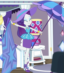 Size: 611x698 | Tagged: safe, imported from derpibooru, screencap, rarity, human, camping must-haves, equestria girls, spoiler:eqg series (season 2), blanket, cropped, eyes closed, female, geode of shielding, hat, magical geodes, my little pony equestria girls: better together, one leg raised, rarity peplum dress, rarity's bedroom, solo, sun hat, umbrella