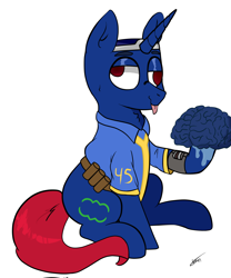 Size: 1500x1800 | Tagged: safe, alternate version, artist:lebatoman, imported from derpibooru, oc, oc only, oc:bit shift, pony, unicorn, fallout equestria, blue coat, brain, brainless, clothes, derp, horn, jumpsuit, male, organs, pipbuck, red eyes, red tail, simple background, solo, tail, vault suit, white background