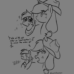 Size: 3000x3000 | Tagged: safe, artist:texacity, imported from derpibooru, applejack, big macintosh, earth pony, pony, the last problem, applejack's hat, big eyes, brother and sister, bust, cowboy hat, cross-popping veins, crying, cute, dialogue, duo, duo male and female, emanata, eyelashes, female, gray background, grayscale, hat, high res, i'm not calling you good boy, macabetes, male, mare, meme, monochrome, ponified meme, siblings, simple background, sparkles, stallion, wavy mouth