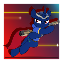 Size: 5000x5000 | Tagged: safe, artist:jhayarr23, imported from derpibooru, oc, oc only, oc:bit shift, pony, unicorn, fallout equestria, action, action pose, blue coat, brain, clothes, gradient background, horn, jumpsuit, laser, laser pistol, male, organs, passepartout, red eyes, red tail, solo, tail, vault suit