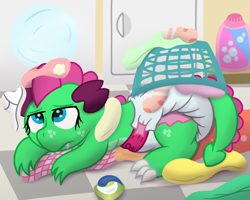 Size: 3000x2400 | Tagged: safe, artist:sweetielover, imported from derpibooru, oc, oc only, oc:goldigony, dragon, accident, basket, clothes, diaper, dryer, falling, female, high res, jar, laundry, soap, solo, underwear, washing machine