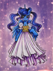 Size: 2250x3000 | Tagged: safe, artist:dariarchangel, imported from derpibooru, princess luna, alicorn, pony, semi-anthro, bipedal, blue coat, blue eyes, clothes, crescent moon, crossover, cute, dress, ear piercing, earring, ethereal hair, ethereal mane, female, jewelry, looking at you, lunabetes, mare, moon, necklace, odango, piercing, princess serenity, purple background, sailor luna, sailor moon, sailor moon (series), simple background, solo, starry mane, stars, wavy mane, white dress