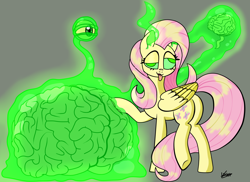 Size: 2524x1836 | Tagged: safe, artist:lebatoman, imported from derpibooru, fluttershy, goo, pegasus, brain eating meteor, brainless, brains!, butt, crossover, derp, glowing, glowing eyes, green eyes, meteor, open mouth, simple background, smiling, tentacles, the grim adventures of billy and mandy, tongue out