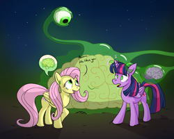 Size: 3601x2879 | Tagged: safe, artist:g472y, imported from derpibooru, fluttershy, twilight sparkle, alicorn, pegasus, pony, brain, brain eating meteor, brainless, brains!, crossover, derp, drool, glowing, green eyes, meteor, mind control, open mouth, organs, slime, sparks, tentacles, the grim adventures of billy and mandy, tongue out, twilight sparkle (alicorn)