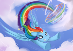 Size: 3508x2480 | Tagged: safe, artist:andelai, imported from derpibooru, rainbow dash, pegasus, pony, cloud, flying, rainbow, rainbow trail, sky, solo, sonic rainboom