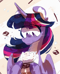 Size: 2550x3150 | Tagged: safe, artist:pakmur, imported from derpibooru, twilight sparkle, alicorn, abstract background, alternate design, bust, chest fluff, countershading, drink, ear fluff, milkshake, portrait, solo, twilight sparkle (alicorn)