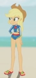 Size: 280x608 | Tagged: safe, imported from derpibooru, screencap, applejack, human, aww... baby turtles, equestria girls, equestria girls series, applejack's beach shorts swimsuit, applejack's hat, beach, cowboy hat, cropped, female, hat, my little pony equestria girls: better together, sandals, solo