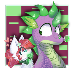 Size: 948x872 | Tagged: safe, artist:jaegerinune, imported from derpibooru, spike, oc, oc:abilene rouge, dragon, pony, unicorn, abstract background, adult, adult spike, awkward, bandana, blush lines, blushing, bust, checkered background, crush, duo, duo male and female, emerald, eye clipping through hair, female, filly, floating heart, flower, flower in hair, foal, gem, heart, heart shaped, horn, looking at each other, looking at someone, male, mouth hold, offspring, older, older spike, parent:big macintosh, parent:rarity, parents:rarimac, question mark, simple background, transparent background, uncle and niece