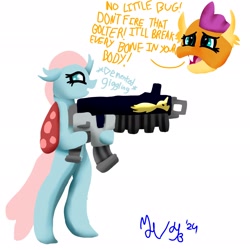 Size: 2048x2048 | Tagged: safe, artist:mlphero, imported from derpibooru, ocellus, smolder, changeling, dragon, bipedal, bolter, descriptive noise, duo, duo female, female, gun, lesbian, shipping, simple background, smolcellus, this will end in pain, warhammer (game), warhammer 40k, weapon, white background