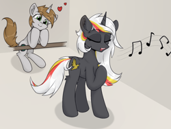 Size: 1124x843 | Tagged: safe, artist:門久, imported from derpibooru, oc, oc only, oc:littlepip, oc:velvet remedy, pony, unicorn, fallout equestria, cheek fluff, chest fluff, dock, duo, duo female, eyes closed, female, heart, horn, leg fluff, lesbian, mare, music notes, singing, smiling, tail