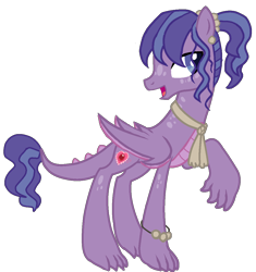 Size: 1068x1134 | Tagged: safe, artist:laydibirb, imported from derpibooru, oc, oc only, oc:kunzite, dracony, dragon, hybrid, pony, base used, bracelet, claws, clothes, dragon wings, ear piercing, earring, folded wings, interspecies offspring, jewelry, next generation, offspring, open mouth, open smile, parent:rarity, parent:spike, parents:sparity, piercing, pixel-crisp art, ponytail, scarf, scrunchie, simple background, smiling, transparent background, turned head, two toned mane, wings