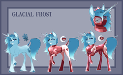 Size: 4413x2700 | Tagged: safe, artist:parrpitched, imported from derpibooru, oc, oc only, oc:glacial frost(fireverse), unicorn, alternate universe, clothes, concave belly, fireheart76's latex suit design, gloves, horn, latex, latex boots, latex gloves, latex suit, long horn, prisoners of the moon, reference sheet, rubber, rubber boots, rubber gloves, rubber suit, thin, unicorn oc