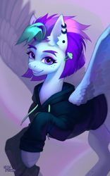 Size: 2800x4500 | Tagged: safe, artist:miurimau, imported from derpibooru, oc, oc only, pegasus, pony, absurd file size, clothes, commission, ear piercing, earring, female, freckles, grin, hairclip, high res, hoodie, jewelry, looking at you, mare, piercing, signature, smiling, smiling at you, solo, spread wings, wings