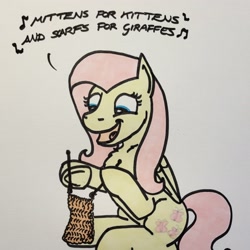 Size: 2048x2048 | Tagged: safe, artist:hoofclid, imported from derpibooru, fluttershy, pegasus, pony, cute, dexterous hooves, female, hoof hold, knitting, knitting needles, magnetic hooves, mare, marker drawing, music notes, open mouth, open smile, shyabetes, singing, sitting, smiling, solo, traditional art